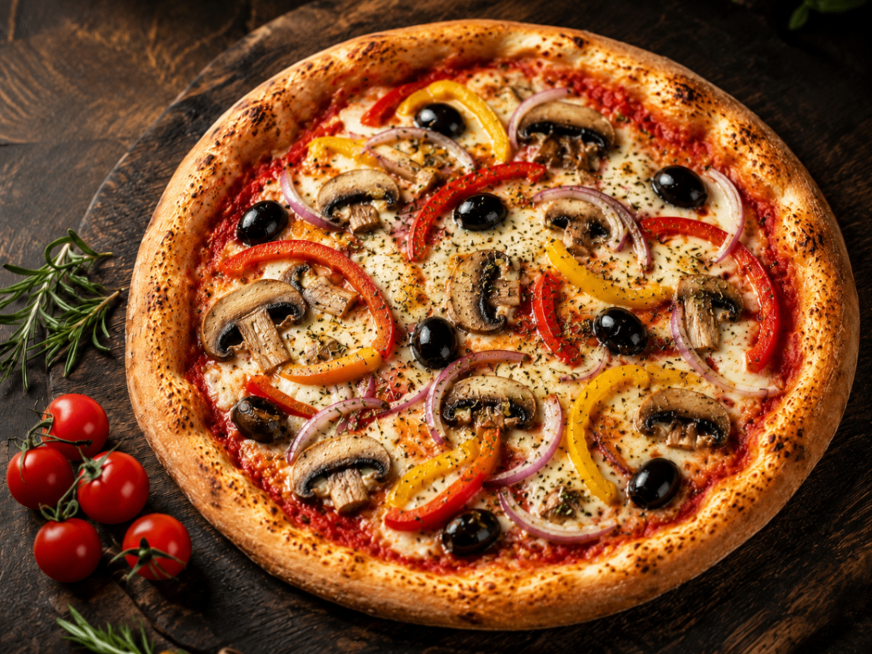 Végétarienne — Tomate, fromage, poivron, oignon, champignon, origan, olives